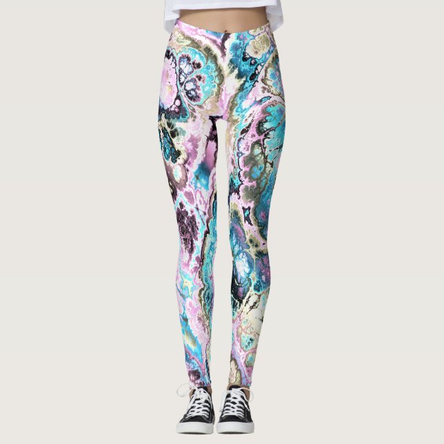 Bohemian Colourful Pastel Fractal Marble Abstract Leggings (Front)