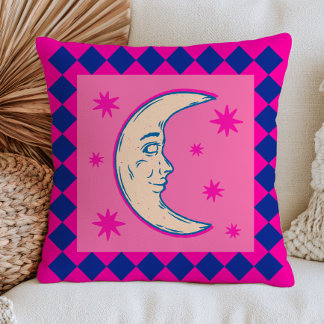 Bohemian Crescent Moon Hot Pink& Blue Celestial  Cushion