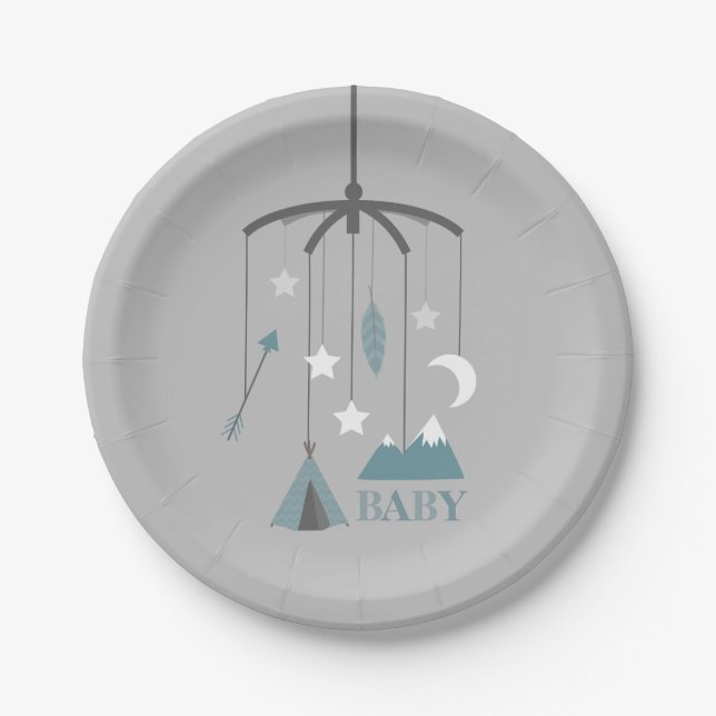 Bohemian Crib Mobile Modern Baby Shower Blue Paper Plate (Front)