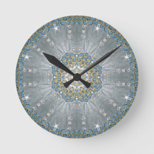 Bohemian crystal rhinestone Silver blue mandala Round Clock