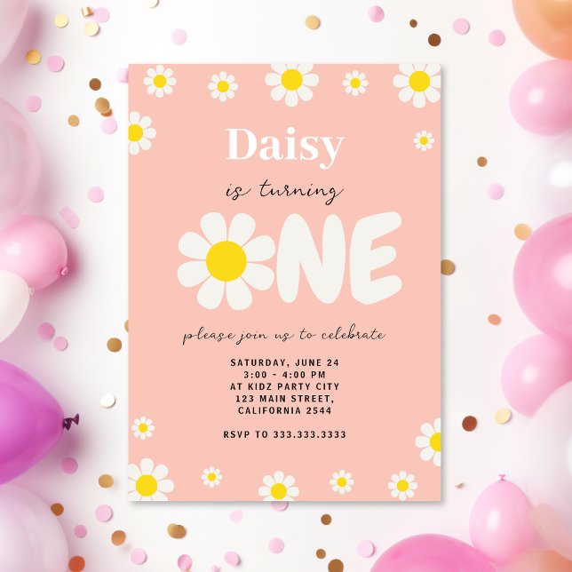 Bohemian Cute Pink Daisy Flowers 1st Birthday Invitation (Creator Uploaded)