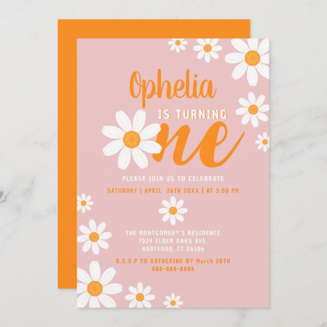 Bohemian Daisy 1st Birthday Party Dusty Rose Cute Invitation (Front/Back)