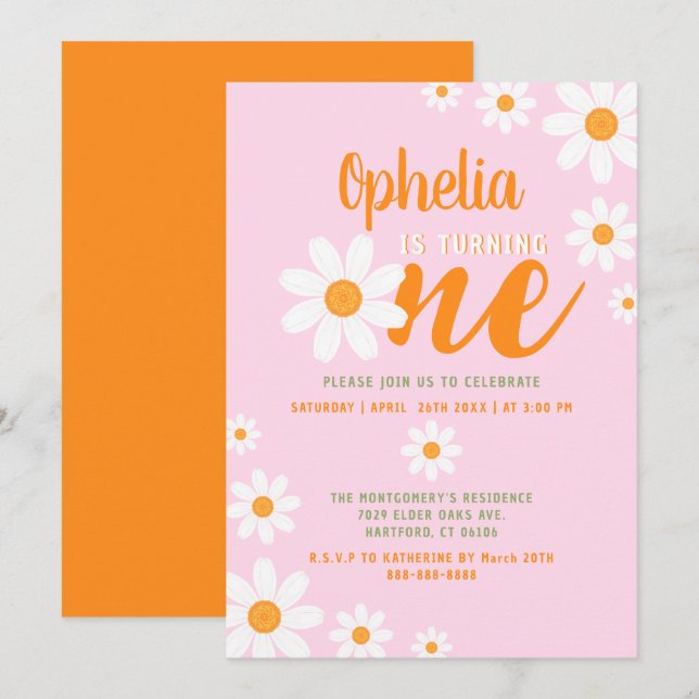 Bohemian Daisy Baby 1st Birthday Party Cute Pink Invitation (Front/Back)