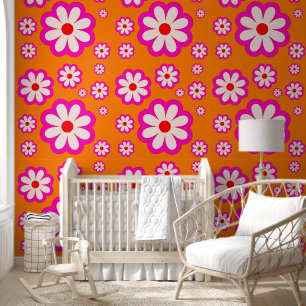 Bohemian Daisy Pattern Pink& Orange Retro Floral Wallpaper