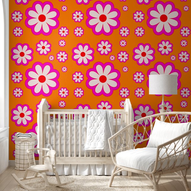 Bohemian Daisy Pattern Pink& Orange Retro Floral  Wallpaper (Kids)