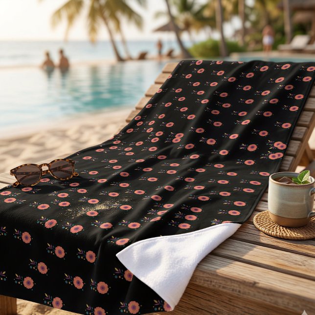 Bohemian Dark Floral Pattern Pink & Orange Blossom Beach Towel (Creator Uploaded)