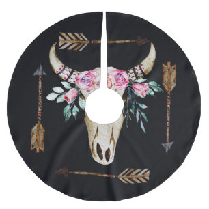 Bohemian Deer Skull Watercolor Art Brushed Polyester Tree Skirt