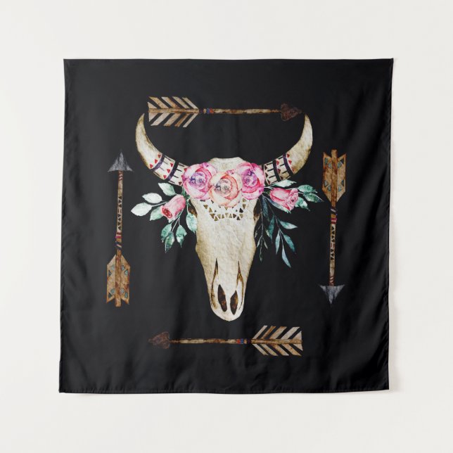 Bohemian Deer Skull Watercolor Art Tapestry (Front)
