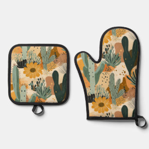 Bohemian Desert Cactus and Floral Pattern Oven Mitt & Pot Holder Set