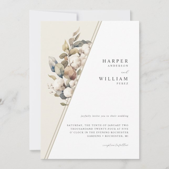 Bohemian diagonal cotton foliage wedding invitation (Front)