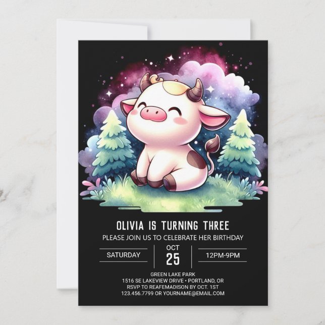 Bohemian Digital Cow Birthday Invitation (Front)