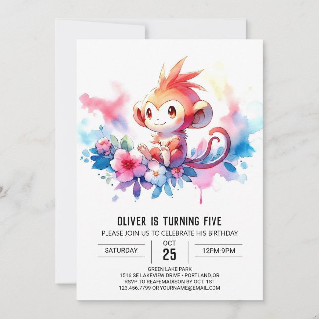 Bohemian Digital Monkey Birthday Invitation (Front)