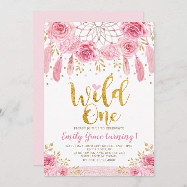 Bohemian Dreamcatcher Pink Gold Wild One Birthday Invitation (Front/Back)