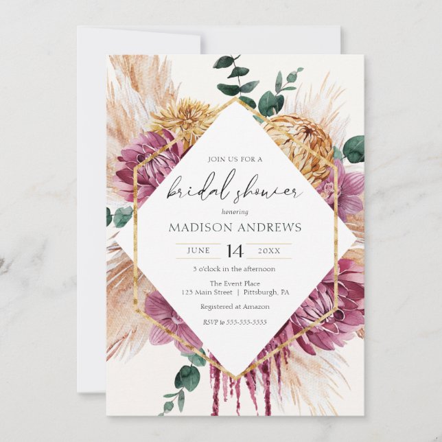 Bohemian Dried Bouquet Bridal Shower Invitation (Front)