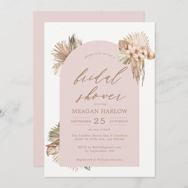 Bohemian Dried Palm Leaves Pink Bridal Shower  Invitation (Front/Back)