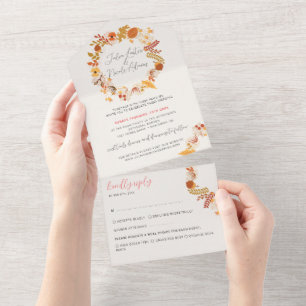 Bohemian Dried Rustic Floral Autumn Falls Wedding All In One Invitation