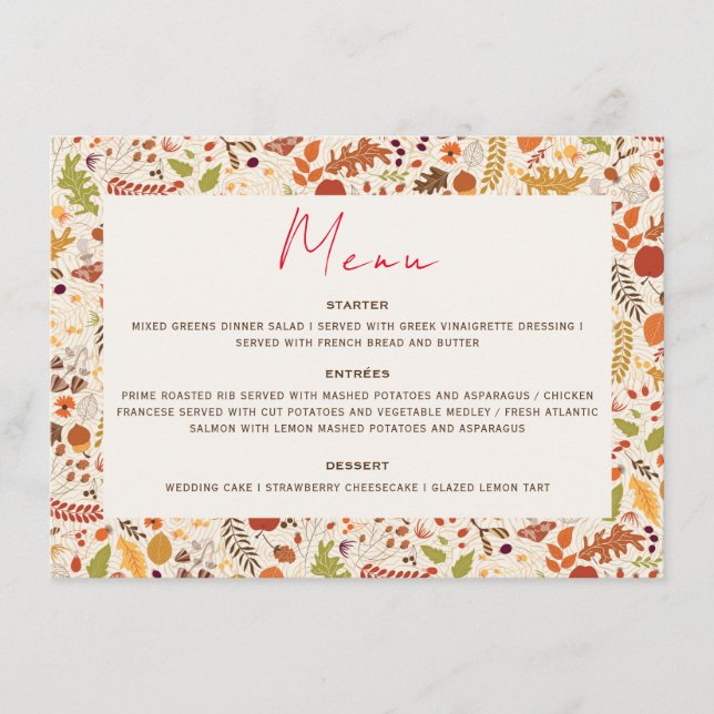 Bohemian Dried Rustic Floral Autumn Falls Wedding Menu (Front)