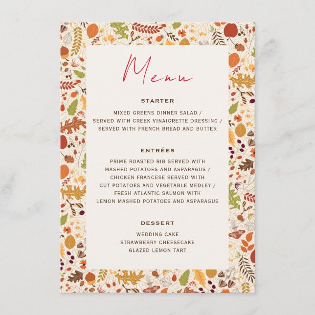 Bohemian Dried Rustic Floral Autumn Falls Wedding Menu (Front)