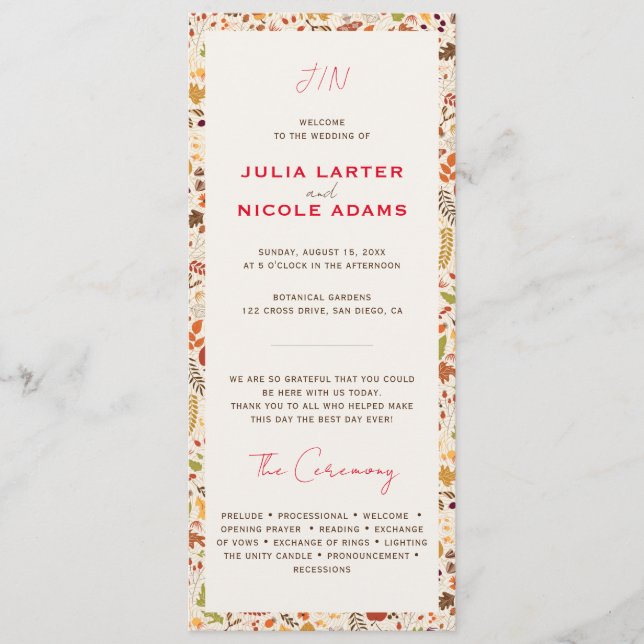 Bohemian Dried Rustic Floral Autumn Falls Wedding Programme (Front)