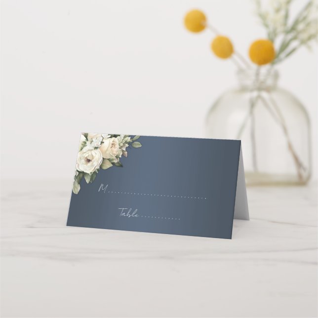 Bohemian Dusty Blue and White Roses Wedding Place Card (Front)