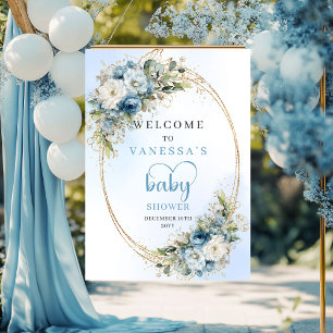 Bohemian Dusty Blue Floral Greenery Baby Shower  Poster