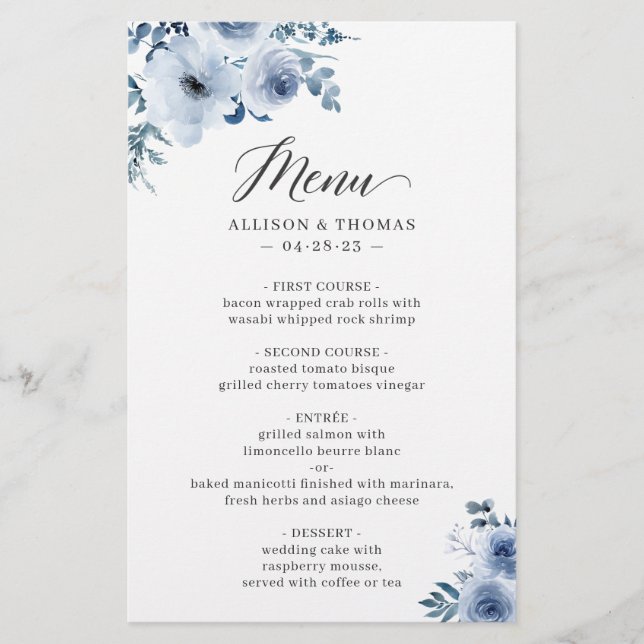 Bohemian Dusty Blue Floral Wedding Menu (Front)