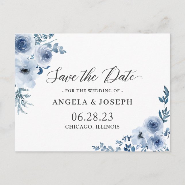 Bohemian Dusty Blue Floral Wedding Save the Date Invitation Postcard (Front)