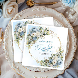 Bohemian dusty blue flowers gold frame bridal napkin