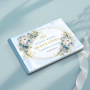 Bohemian Dusty Blue Gold Floral Greenery Guestbook