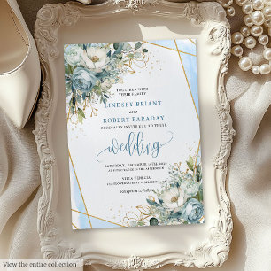 Bohemian Dusty Blue Gold Peonies Wedding Invite