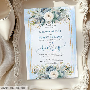Bohemian dusty blue white flowers wedding invite
