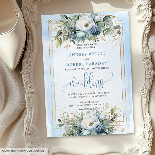 Bohemian Dusty Blue White Gold Peonies Invitation