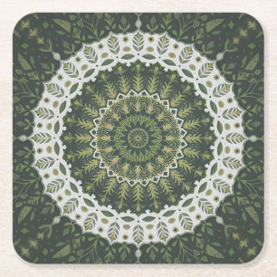 Bohemian Eclectic Style Green Leafy Mandala Square Paper Coaster