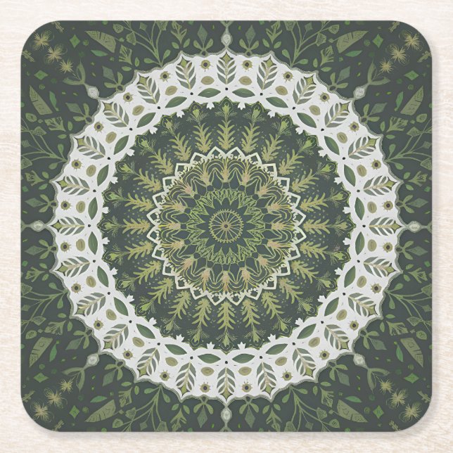 Bohemian Eclectic Style Green Leafy Mandala Square Paper Coaster (Front)