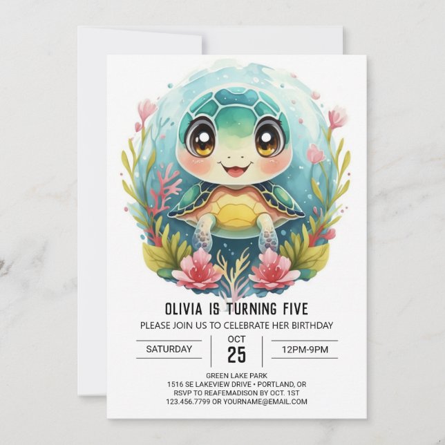 Bohemian Elegant Turtle Girl Birthday Invitation (Front)