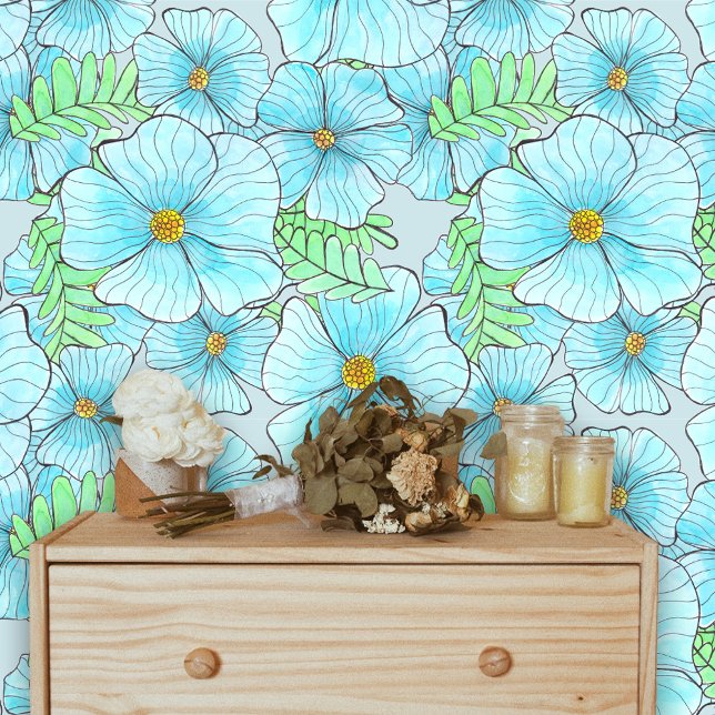 Bohemian Elegant Watercolor Aqua Blue Flowers Wallpaper (Creator Uploaded)