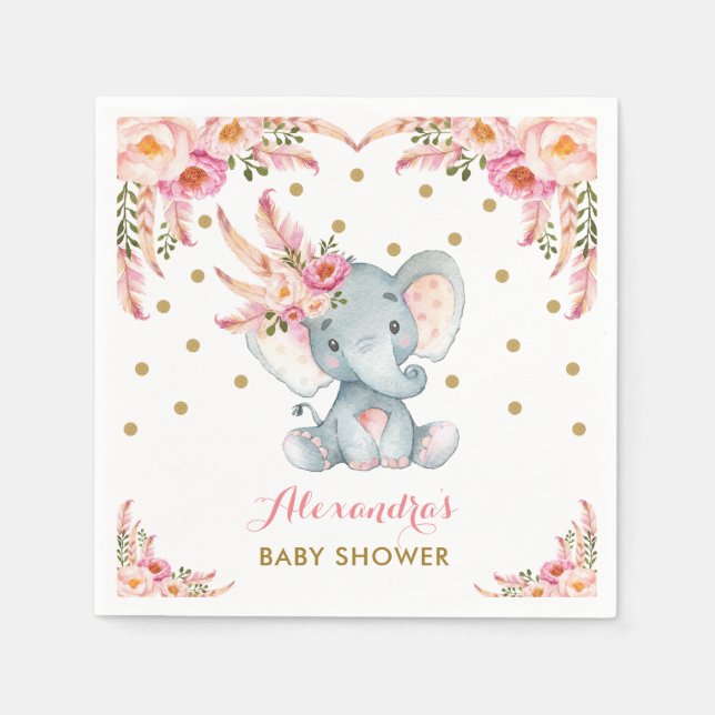 Bohemian Elephant Pink Gold Floral Paper Napkin (Front)