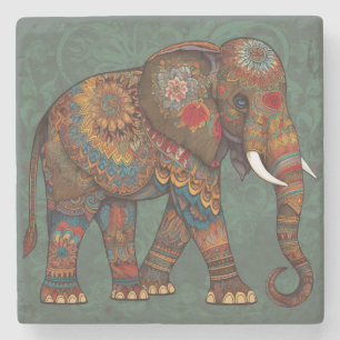 Bohemian Elephant with Floral Ornamentation Stone Coaster