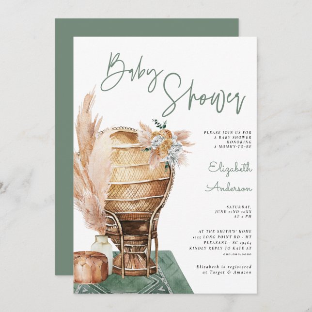 Bohemian Eucalyptus Green Pampas Boho Baby Shower  Invitation (Front/Back)