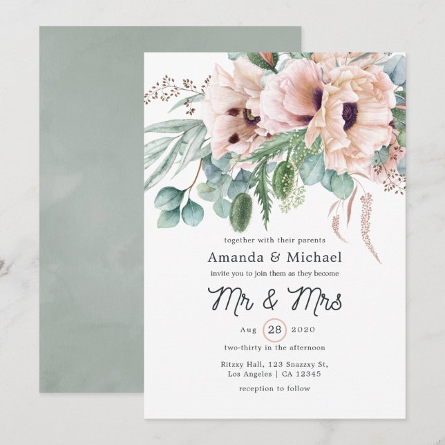 Bohemian Eucalyptus Pink Poppy Wedding Invitation (Front/Back)