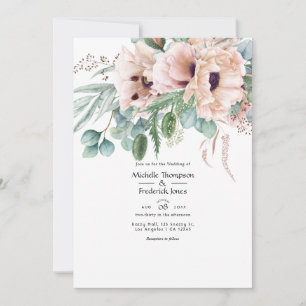 Bohemian Eucalyptus Pink Poppy Wedding Invitation