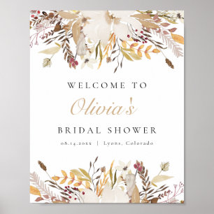 Bohemian Fall Beige Floral Bridal Shower Welcome Poster