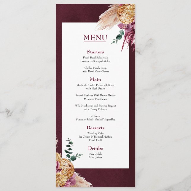 Bohemian Fall Burgundy Floral Wedding Flat Menu (Front)
