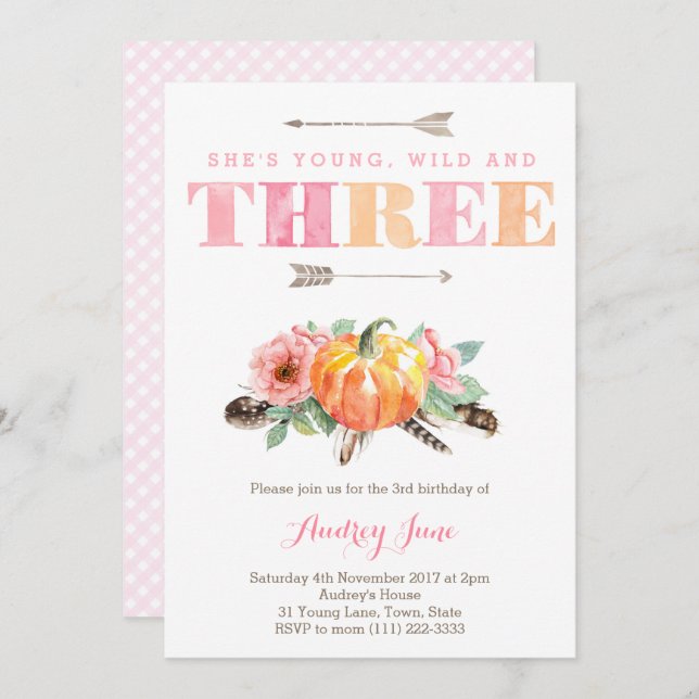 Bohemian Fall Girl 3rd Birthday Party Invitation (Front/Back)