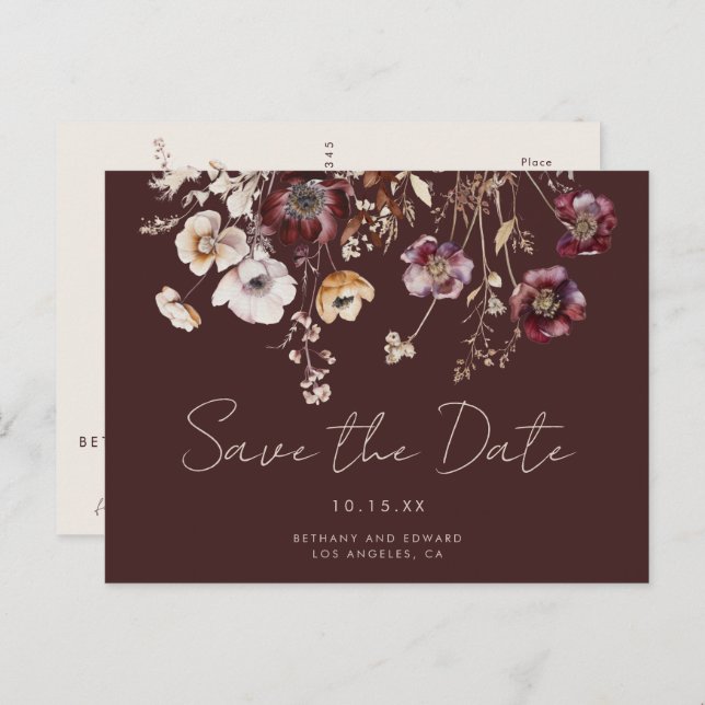Bohemian Fall Wildflower Wedding Save the Date Postcard (Front/Back)