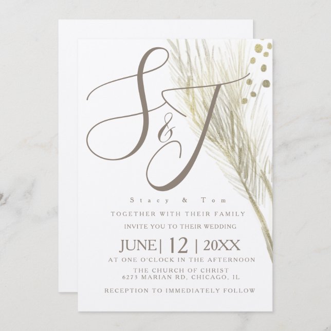 Bohemian Faux Gold Foil Pampas Wedding Ivory Invitation (Front/Back)