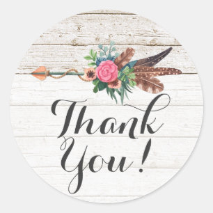 Bohemian Feather Arrow & Rose Rustic Thank You Classic Round Sticker