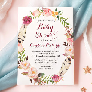 Bohemian Feather Boho Floral Wreath Baby Shower Invitation