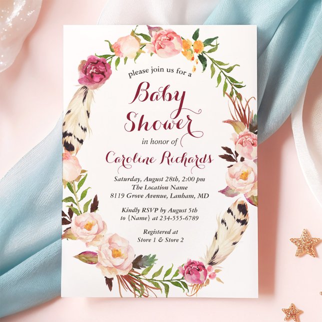Bohemian Feather Boho Floral Wreath Baby Shower Invitation (Creator Uploaded)