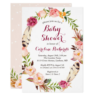 Bohemian Feather Boho Floral Wreath Baby Shower Invitation Bohemian Feather Boho Floral Wreath Baby Shower Invitation